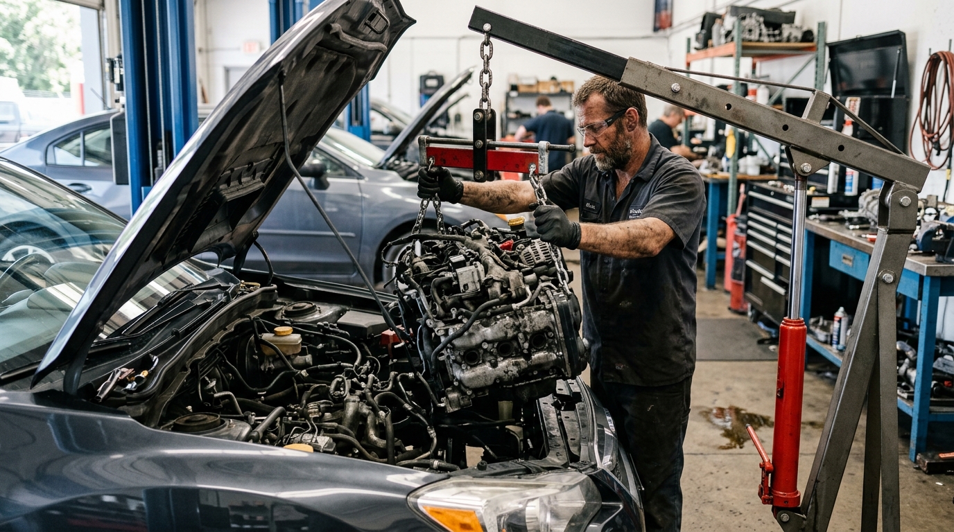 mechanic removing car engine