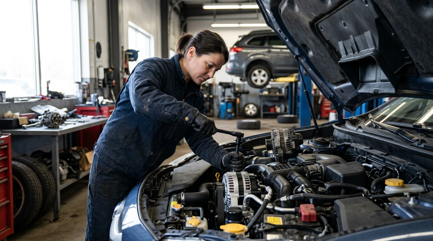mechanic replacing car alternator