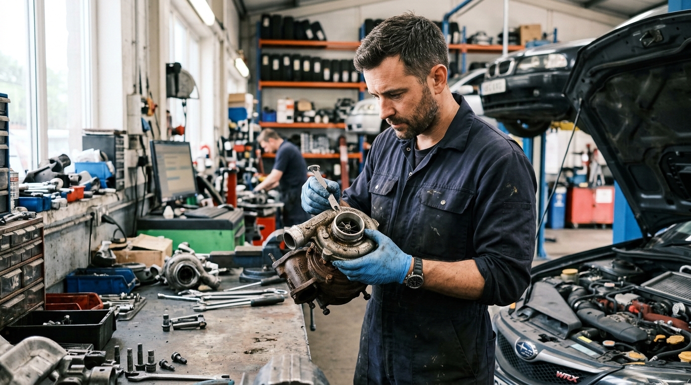 mechanic inspecting car part
